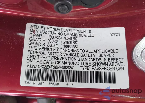 2022 Honda Insight Touring z USA, uszkodzony, nr VIN 19XZE4F98NE002857